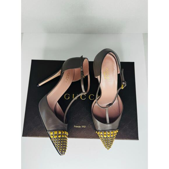 Gucci Studded Malaga Kid Gray Pointed Toe Stiletto Heels Size 37.5 Rockstud Pump - Picture 9 of 9